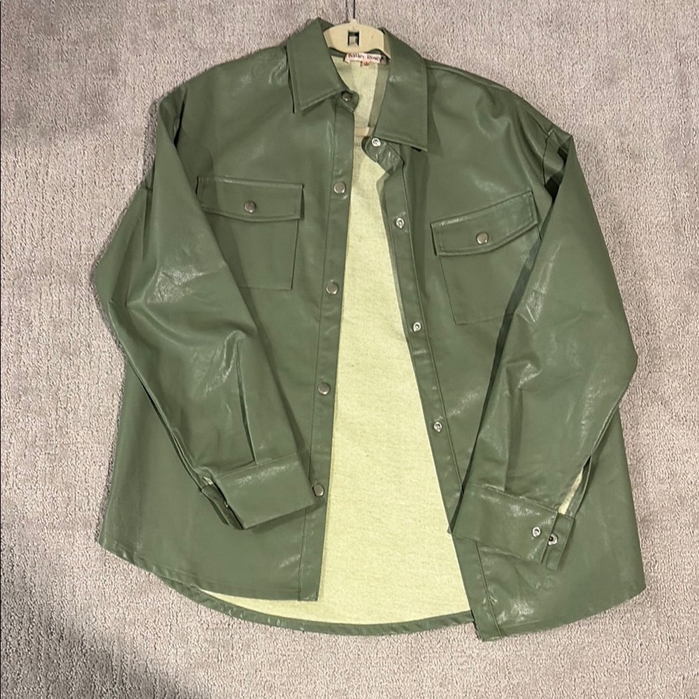 Men's Green Faux-Leather Shacket - Casual Overshirt